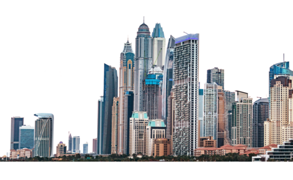 Majestic futuristic skyline of urban downtown skyscrapers, isolated on transparent white