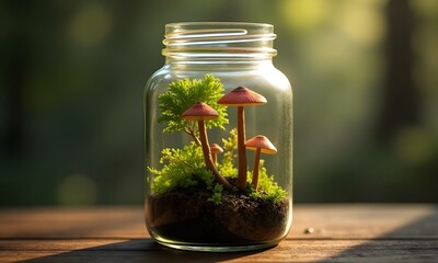 Garden design showcases a serene glass jar filled with lush moss and vibrant mushrooms, capturing nature's beauty in a harmonious, tranquil setting.