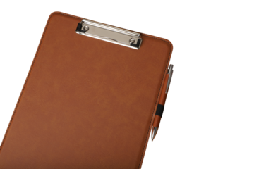 Colorful leather clipboard. Mockup clipboard. high angel shot, blank mockup, isolated white background.