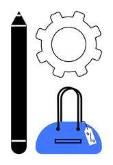 Obraz premium Gear, pencil, and blue handbag with price tag representing various elements of work and lifestyle. Ideal for technology, creativity, fashion, education, business shopping and mechanics. Line