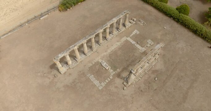 Aerial view of the Tavole Palatine ("Palatine Tables") located in Metaponto, Basilicata, Italy. They are the remains of a hexastyle peripteral Greek temple of Magna Graecia.