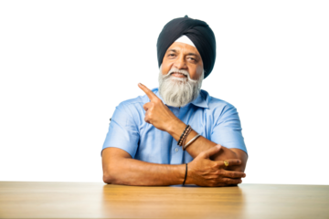Senior Sikh man sitting at table with white background, expressing various emotions and gestures