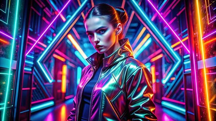 Obraz premium Neon Maze Fashion Photography: Abstract Dark Background, Psychedelic Patterns, Futuristic Style