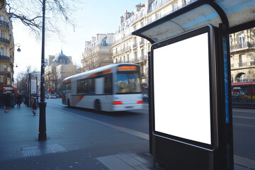 Obraz premium bus stop in the street, Photo of a blank billboard on the bus stop in an urban cityscape, with public transport passing by. Web banner with copy space on the right for text mockup