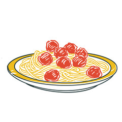 Cartoon spaghetti and meatballs on plate, bold lines.