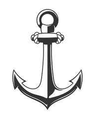 Monochrome vintage anchor isolated on white background. Retro anchor with rope. Vector illustration