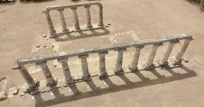 Aerial view of the Tavole Palatine ("Palatine Tables") located in Metaponto, Basilicata, Italy. They are the remains of a hexastyle peripteral Greek temple of Magna Graecia.