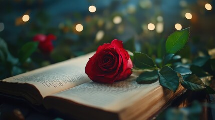 Beautiful Red Rose on Open Book Surrounded by Soft Lights and Greenery, Romantic and Calming Atmosphere for Literary and Nature Lovers