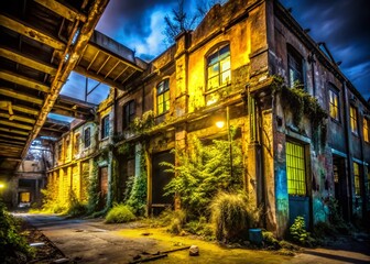 Fototapeta premium Neon Yellow Urban Exploration Photography: Grungy Cityscape, Abandoned Building, Graffiti Art, Dark Alley, Night Photography