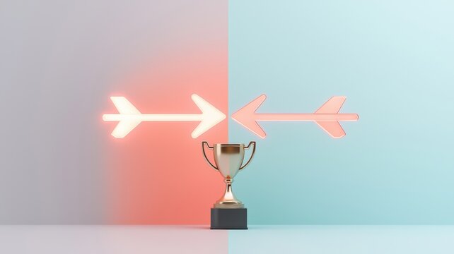 Trophy with glowing arrows on contrasting backgrounds representing achievement.