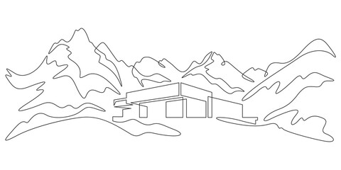Obraz premium Continuous one line drawing small house on a hill. Modern house against the backdrop of mountains. Mountain landscape. Panorama.One continuous line isolated minimal illustration.Not AI.