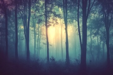 Obraz premium Mystical forest with tall trees in foggy weather. AI generated illustration