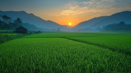 Fototapeta premium Serene Mountain Landscape at Sunset with Rice Field