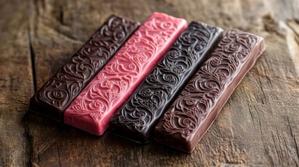 Fototapeta premium Elegant Chocolate Bars Displayed On Wooden Surface