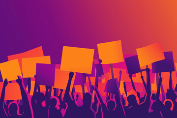 A crowd of activists with colorful signs and banners chanting together in solidarity, with copy space. Warm vibrant lighting. Urban protest scene background. 
