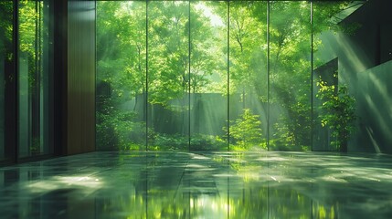 Fototapeta premium A stunning villa in the heart of a dense forest, sleek minimalist design with glass walls reflecting the greenery, warm wooden textures blending seamlessly with nature,