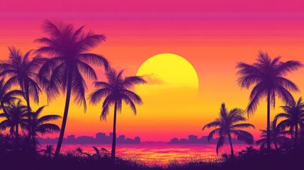 Vibrant Sunset Silhouette Palm Trees Cityscape