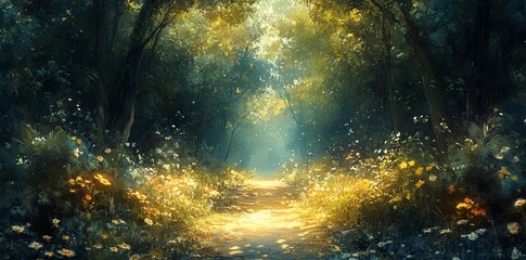 Fototapeta premium Sunbeams illuminate a path through a lush, green forest, with wildflowers dotting the ground.