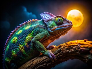 Obraz premium Night Photography: Chameleon in Jackson's Shadow, Dark Reptile, Nocturnal Wildlife, Low Light Photography