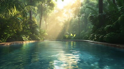 Fototapeta premium Contemporary forest villa featuring open-concept spaces surrounded by vibrant trees and lush undergrowth, infinity pool reflecting the serene landscape, soft golden sunlight streaming through,