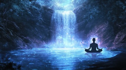 Serene Yoga by Waterfall at Night.