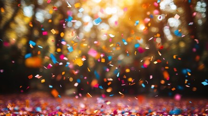 Obraz premium Vibrant neon confetti soaring through the air on a bright, colorful background capturing the dynamic energy