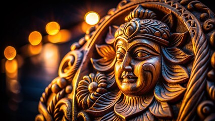 Fototapeta premium Night Photography: Illuminated Wood Carving, Intricate Details, Wooden Sculpture, Dark Background, Artistic Lighting