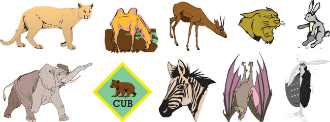 The image features a mountain lion camel deer lion rabbit elephant bear Cub Scout logo zebra bat mosquito Compendium package set Artwork vector editable logo Wall Sticker t-shirt design multiple high © Rashid