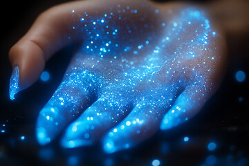 Glowing wireframe close up woman nails on a transparent background, highlighted by a combination of blue and black data points


