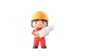 A cheerful construction worker figurine holds a rolled blueprint, wearing an orange hard hat and reflective vest.