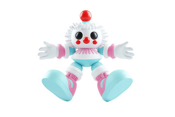 A colorful clown figure with a round red nose, large eyes, and a fluffy hairstyle, wearing a playful outfit and posed with outstretched arms.