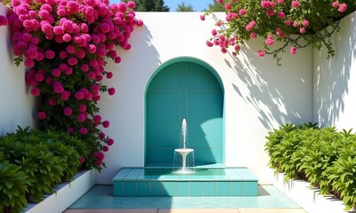 Fototapeta premium Garden design features a vibrant retreat with a turquoise fountain surrounded by lush greenery and pink floral accents, evoking tranquility and beauty.