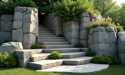 Naklejka premium Garden design features a serene stone staircase adorned with vibrant greenery, harmonizing natural elements with modern architecture for a tranquil atmosphere.