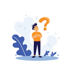 Illustrated figure gesturing at large question mark.
