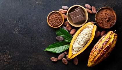 Cocoa beans, chocolate, cocoa butter and cocoa powder on a black backgroun 