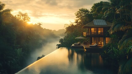 Fototapeta premium Eco-luxury villa surrounded by lush rainforest, featuring solar panels, open-air spaces and infinity pools, minimalist design with natural materials, golden sunlight and atmospheric mist,