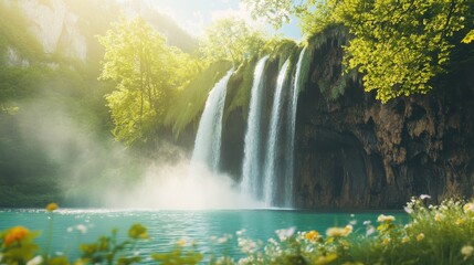Fototapeta premium Serene Waterfall Cascading into a Lush Green Forest