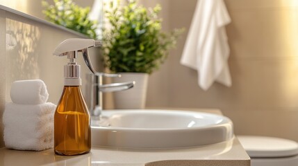 Fototapeta premium Amber glass spray bottle on modern bathroom vanity.