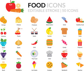 Food Icon Set: 50 Delicious Fill Vector Icons in Color