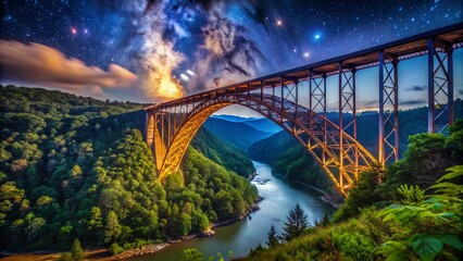 Obraz premium Night Photography New River Gorge Bridge: Stunning West Virginia Landscape at Night
