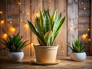 Night Photography of a Lush Sansevieria Plant Illuminated in a Light Beige Pot, Set on a Rustic Pine Wood Table, Capturing the Serenity of Indoor Plants at Dusk
