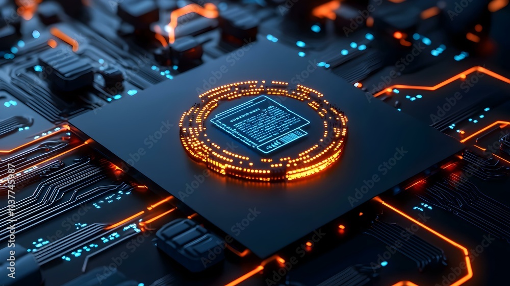 Poster abstract 3d concept of web development with circuit board background and neon effects