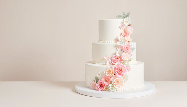 Elegant white wedding cake with pink floral decorations.