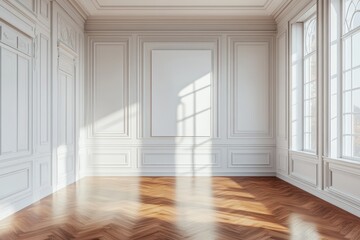 Obraz premium Elegant room with blank wooden poster frame on parquet floor in natural light