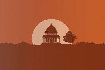 Obraz premium Sunset view of historic pavilion serene landscape digital art tranquil environment aesthetic perspective for travel enthusiasts