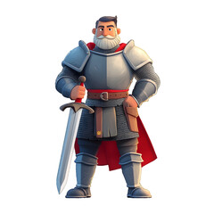 Fototapeta premium Cartoon medieval knight character with sword in armor standing confidently placed on white or transparent background
