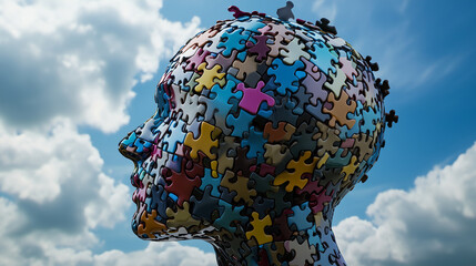 Naklejka premium A human head made entirely of puzzle pieces, some pieces missing, symbolizing the ongoing process of thought development