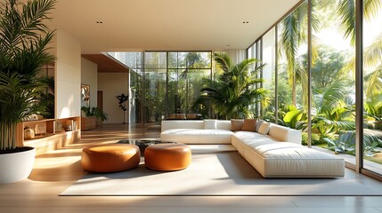 Fototapeta premium High-end tropical villa featuring minimalist interiors with bold architectural lines, surrounded by towering palms and exotic plants, dappled sunlight highlighting sleek furniture,