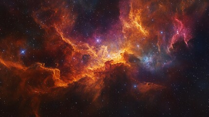 Fototapeta premium A vibrant nebula showcasing fiery orange and crimson hues against a backdrop of countless stars. An awe-inspiring view of the cosmos.