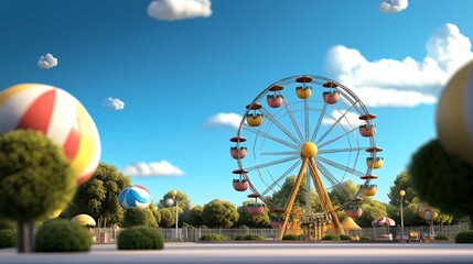 Fototapeta premium Colorful ferris wheel attracts visitors in a vibrant amusement park under a clear blue sky
